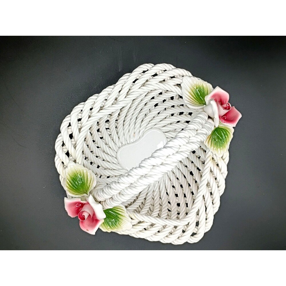 Vintage Woven Ceramic Basket Pink Roses, Hand Painted, Victorian Shabby Chic
